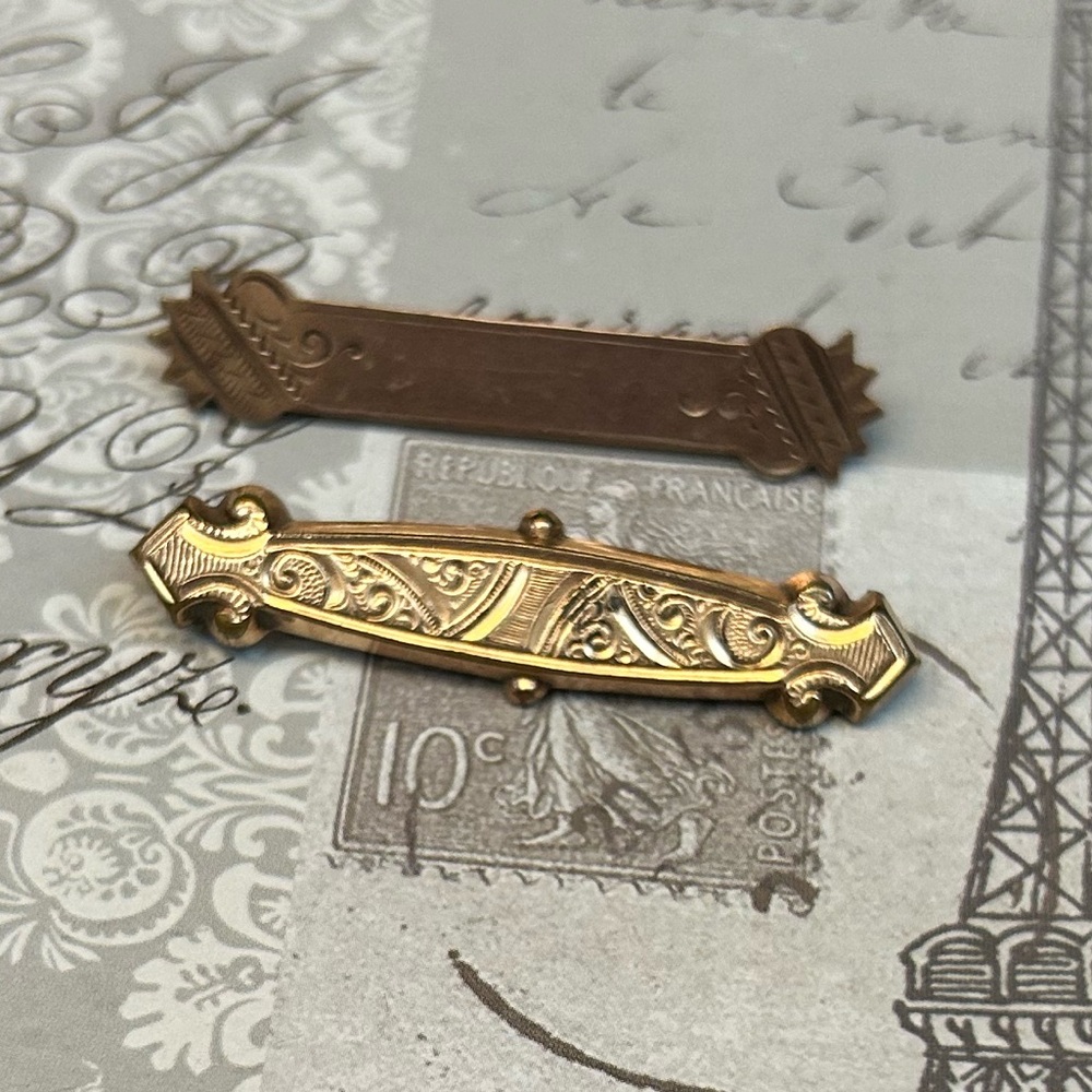 2 Victorian BAR PINS gold filled with machine etching